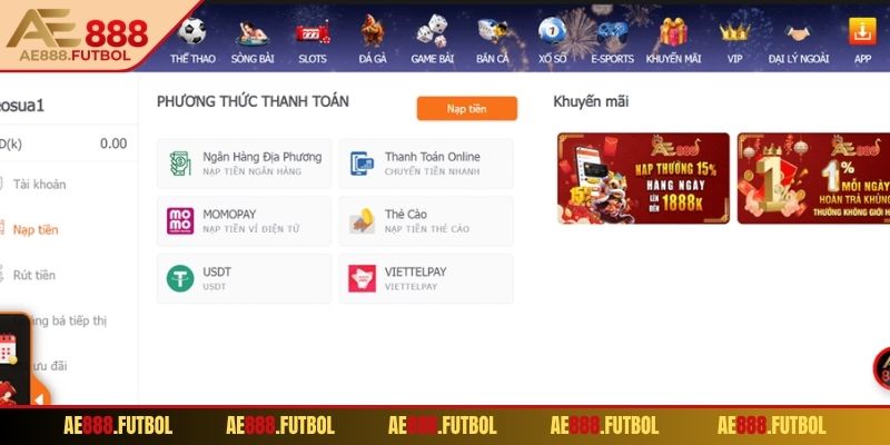 Nạp rút tiền AE888 với các bước nạp tiền cơ bản 